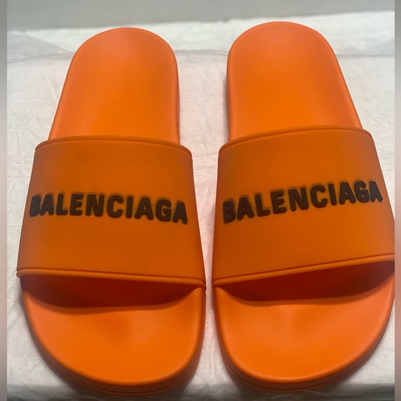 Balenciaga SZ 41E/8US Pool Slide Smooth Rubber Logo in Orange/Black - Picture 1 of 9